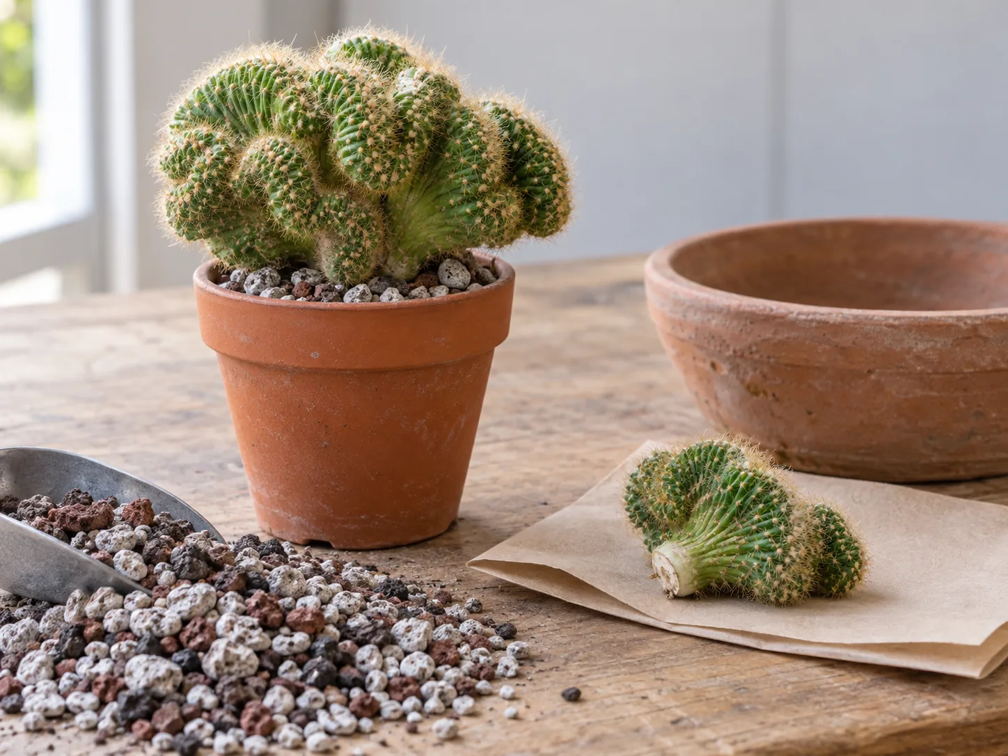 A crested brain cactus offset resting on dry paper beside gritty cactus mix