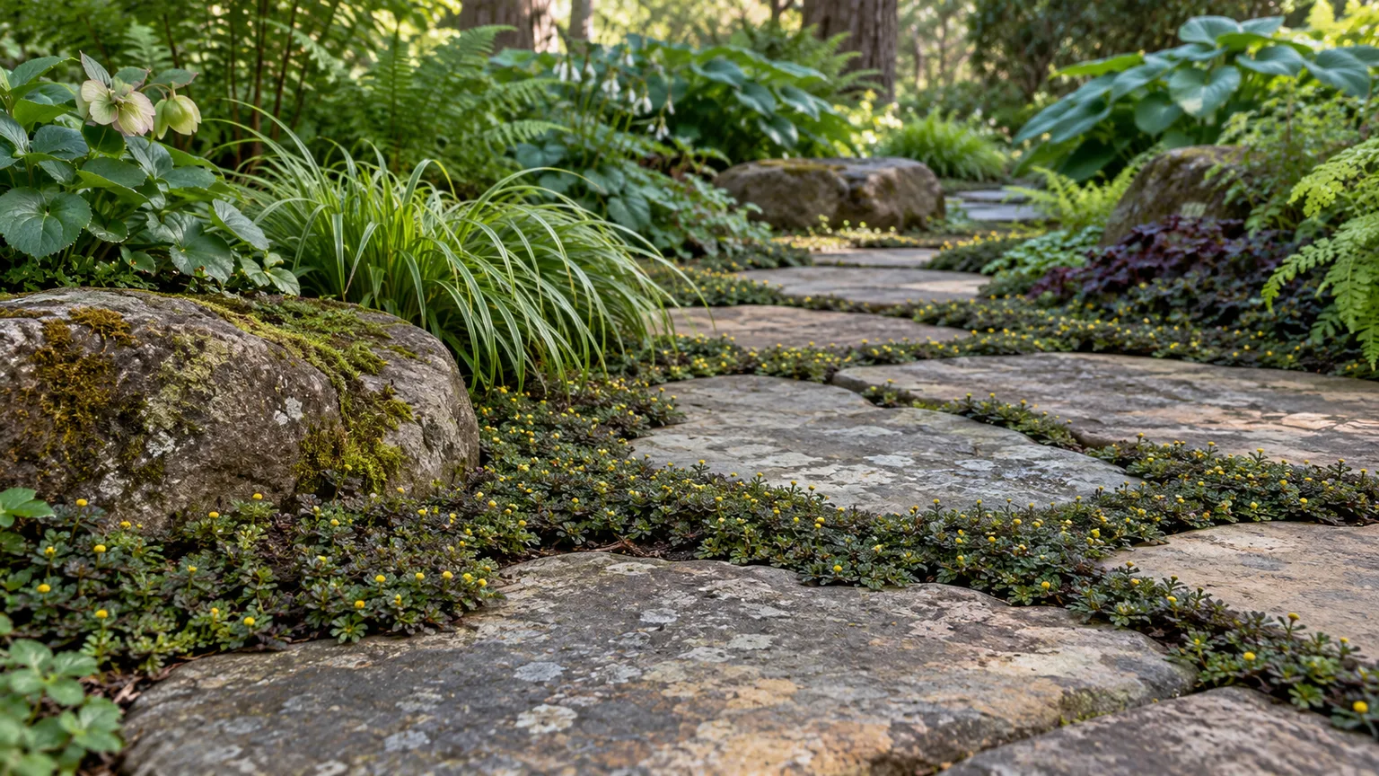 Brass buttons filling joints between broad flagstones in a partially shaded garden path