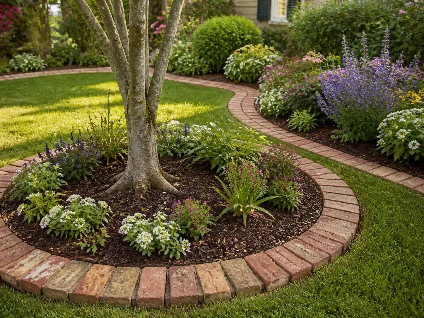 Curved circular reclaimed-brick edging around a small tree and flower bed