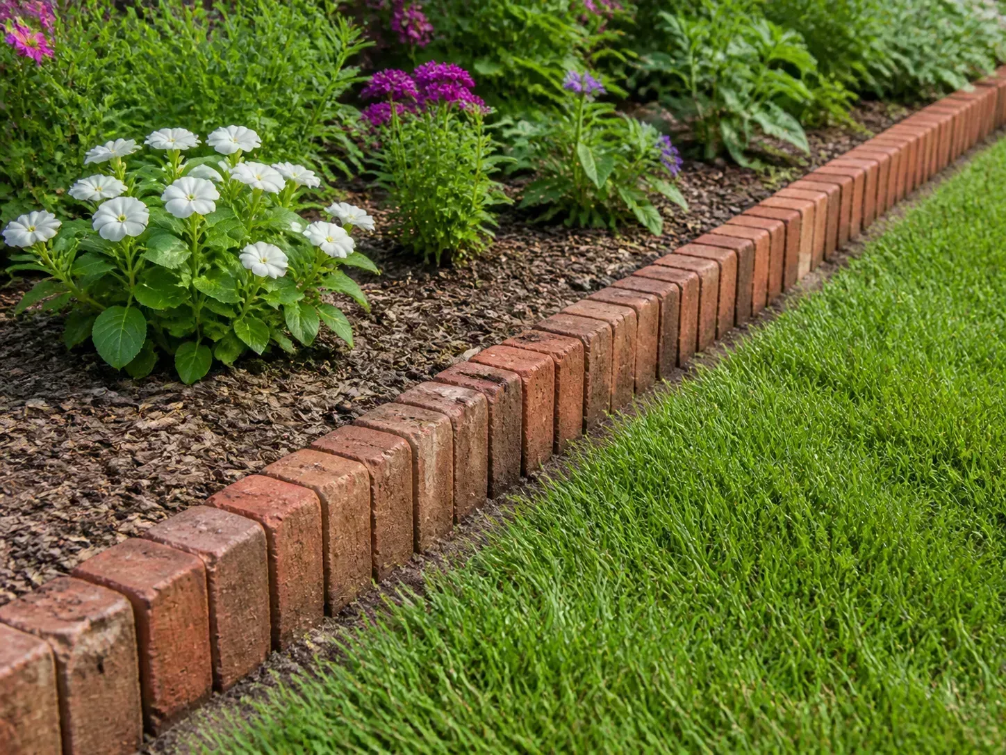 Single-row reclaimed brick mowing strip framing a flower bed beside a neat lawn