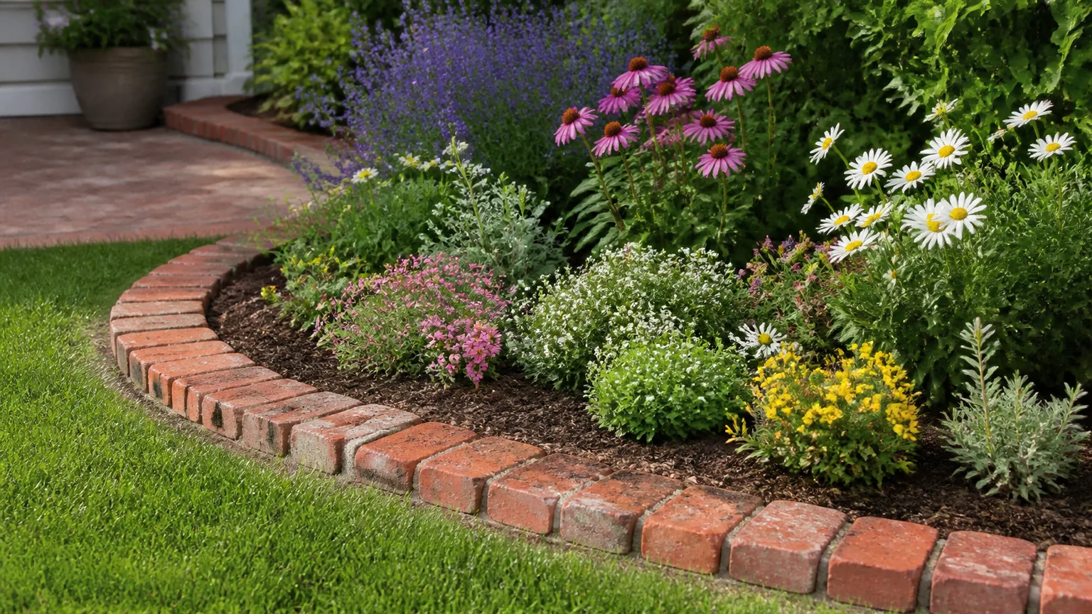 Terracotta brick edging framing a colorful flower bed beside a green lawn