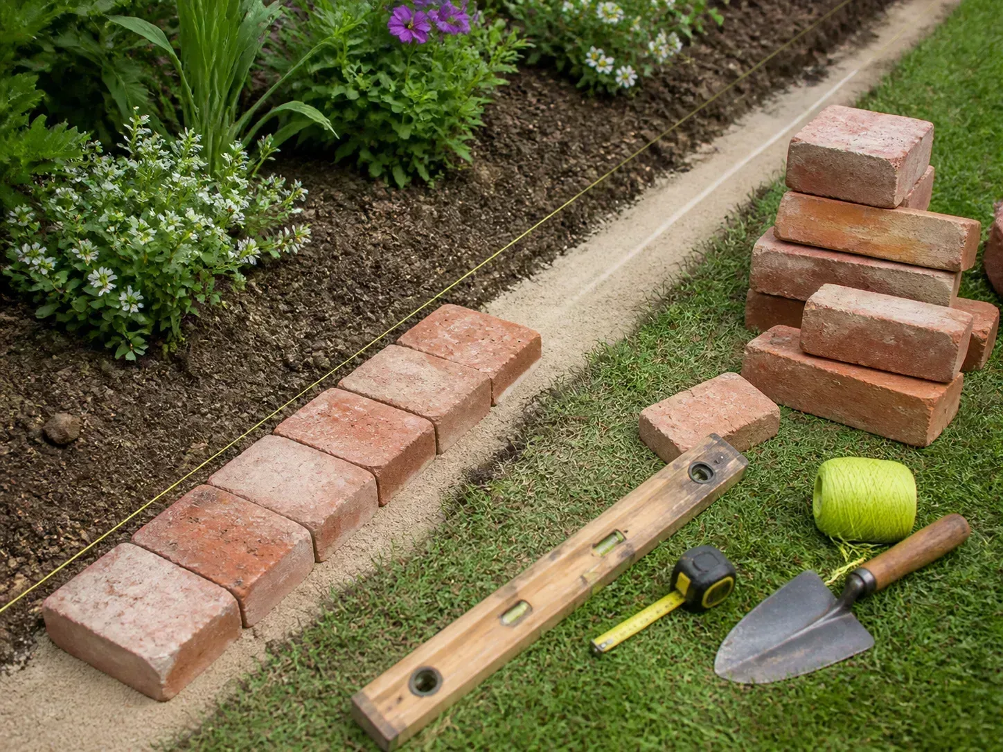 Prepared garden-edge trench with reclaimed bricks, compacted sand, level, measuring tape, string, and spade
