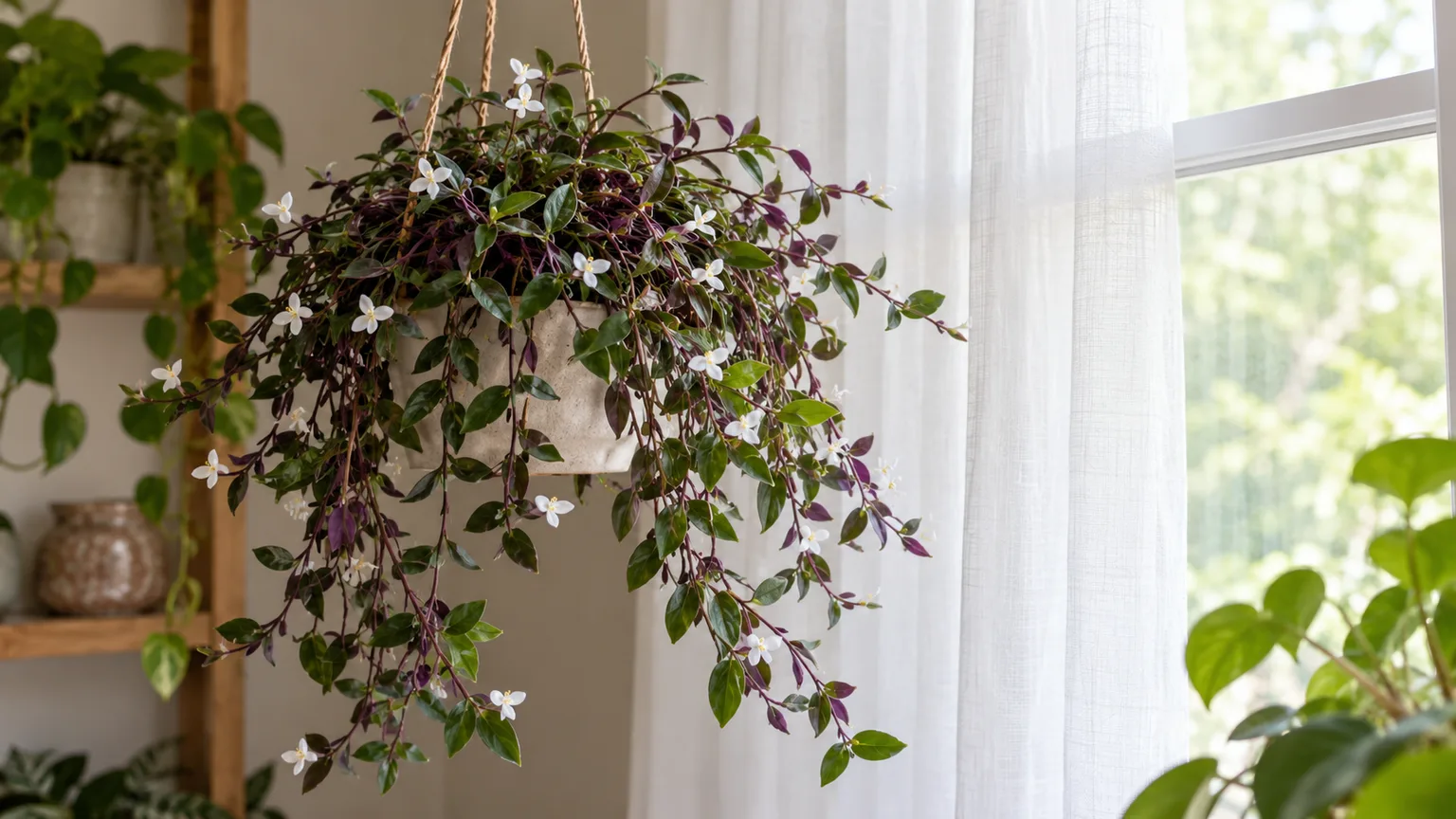 A flowering bridal veil plant hanging beside a bright window in filtered light