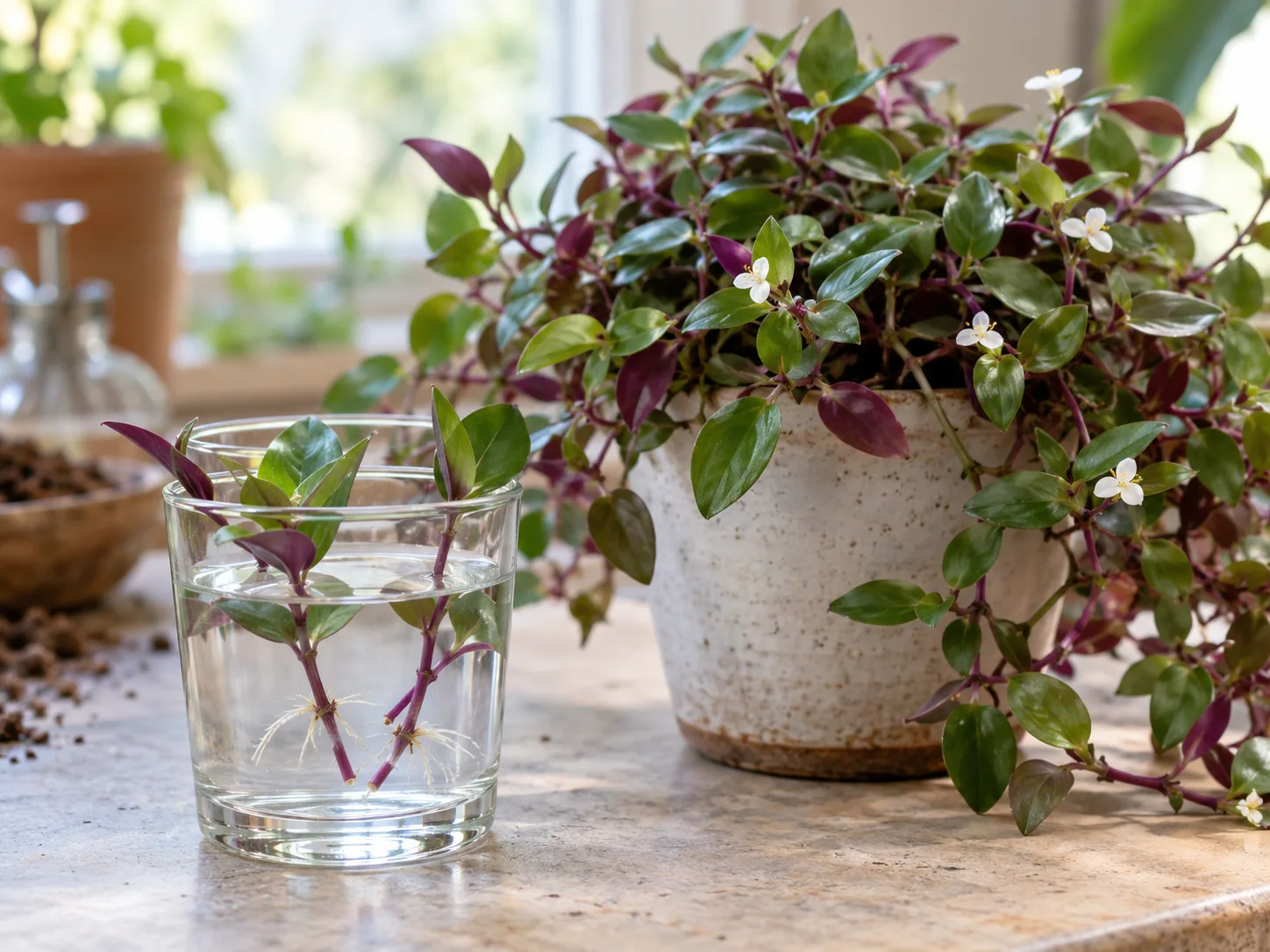 Stem cuttings from a bridal veil plant rooting at leaf nodes in a glass of water