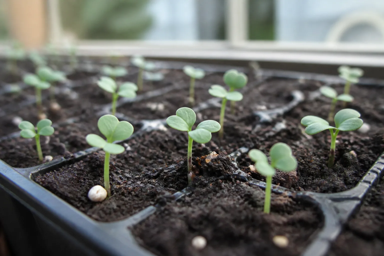 Broccoli seedlings just emerged from moist seed-starting soil with pale green cotyledons