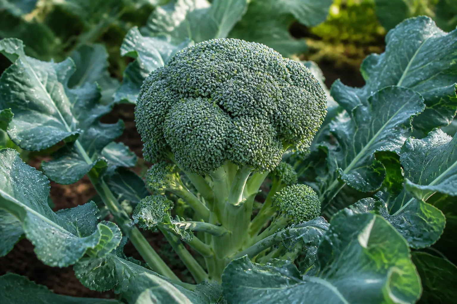 Harvest-ready broccoli head with tightly packed dark green buds on a thick stem in a vegetable garden