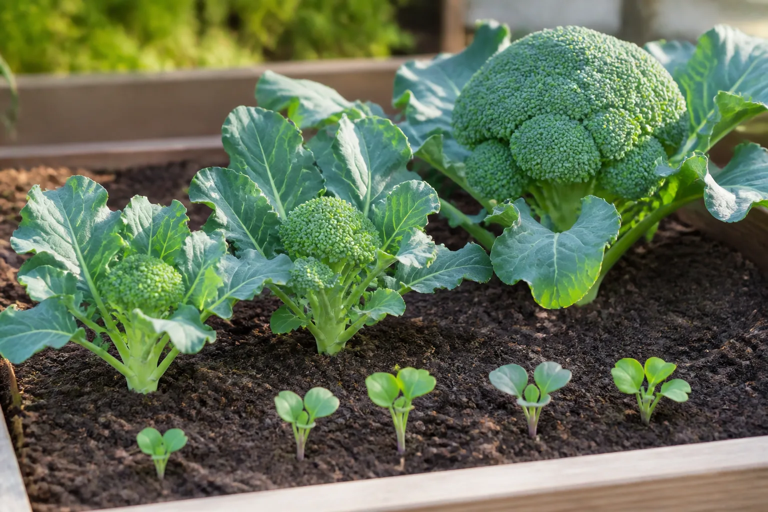 Broccoli plants at multiple growth stages in a home vegetable garden bed from seedlings to harvest-ready crowns