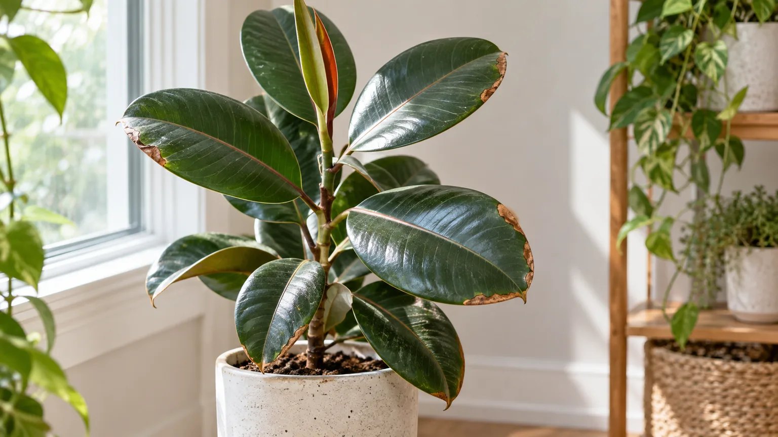 Rubber plant with brown, dry margins on several otherwise green leaves
