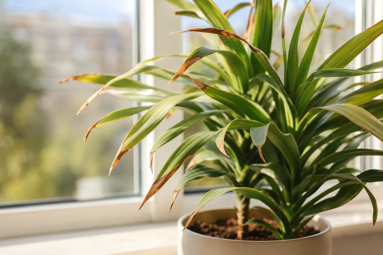 Houseplant leaf with brown crispy tip beside healthy green foliage