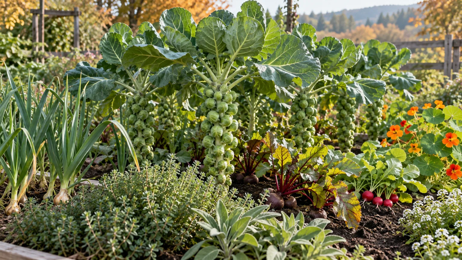 Healthy Brussels sprout plants growing with garlic, herbs, roots, and flowers in a garden bed