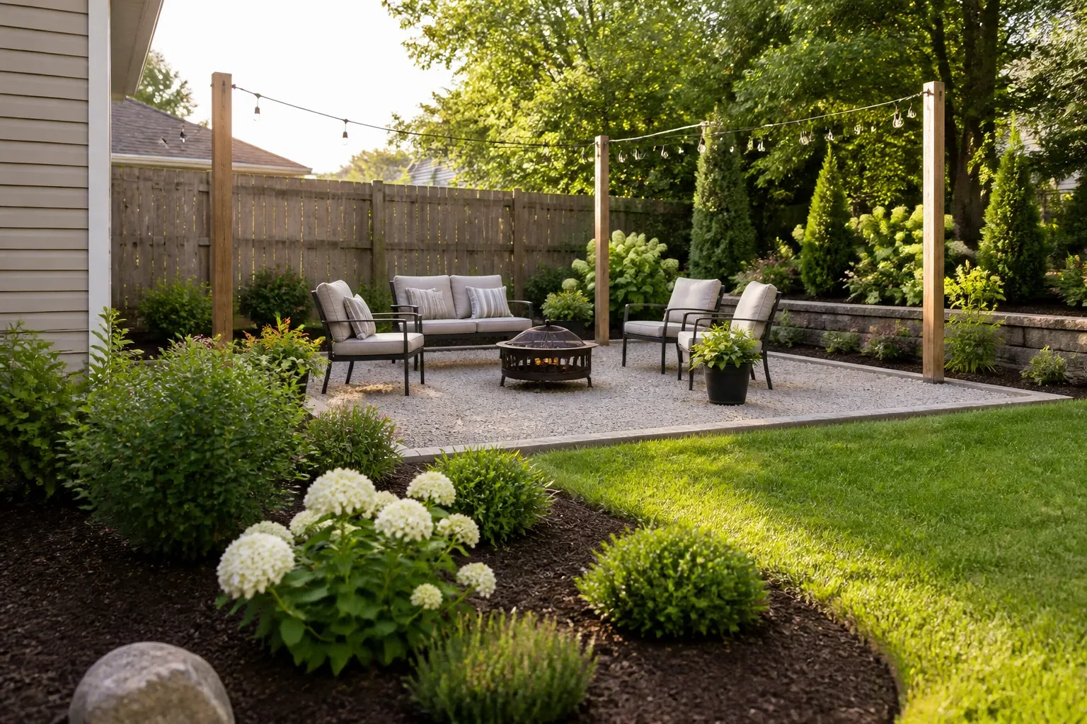Suburban backyard with layered planting beds and defined outdoor zones ready for a budget-friendly weekend makeover