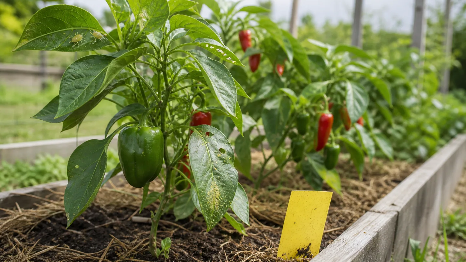 Pepper plants with subtle pest damage and a yellow monitoring card in a raised garden bed