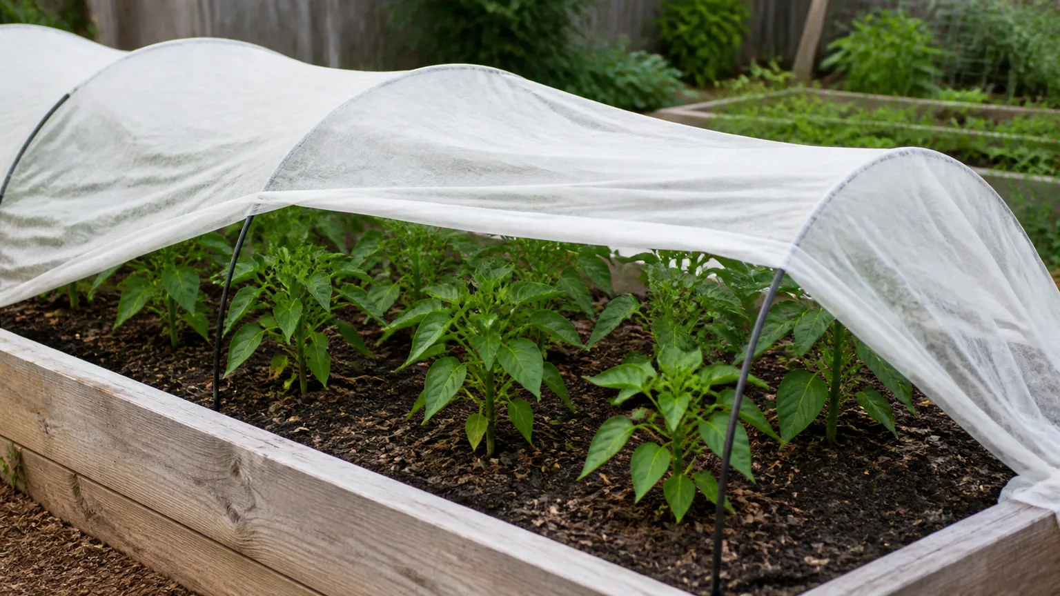 Young pepper plants protected beneath a floating row cover in a raised garden bed