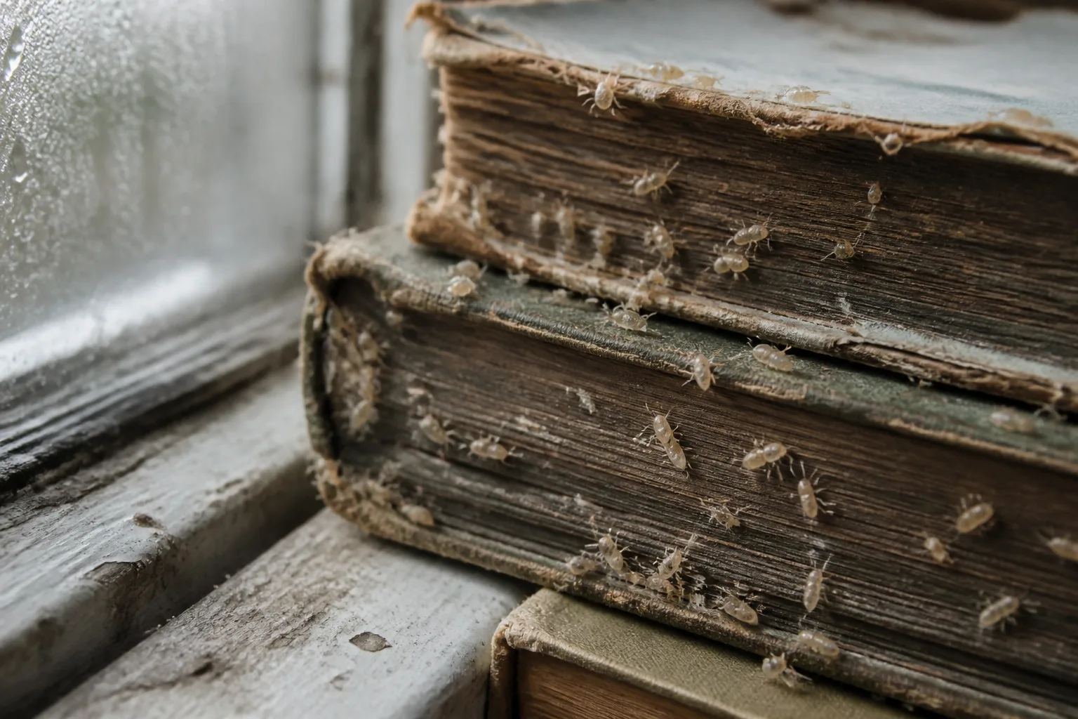 Pale tiny booklice on stacked humid books near a window sill