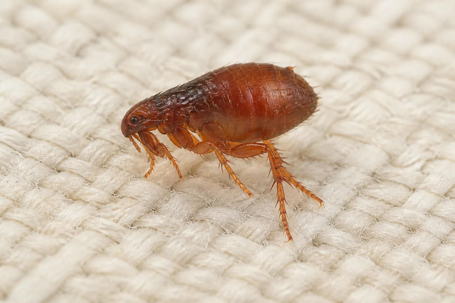 Tiny reddish-brown flea on light fabric showing side-flattened body and large hind legs