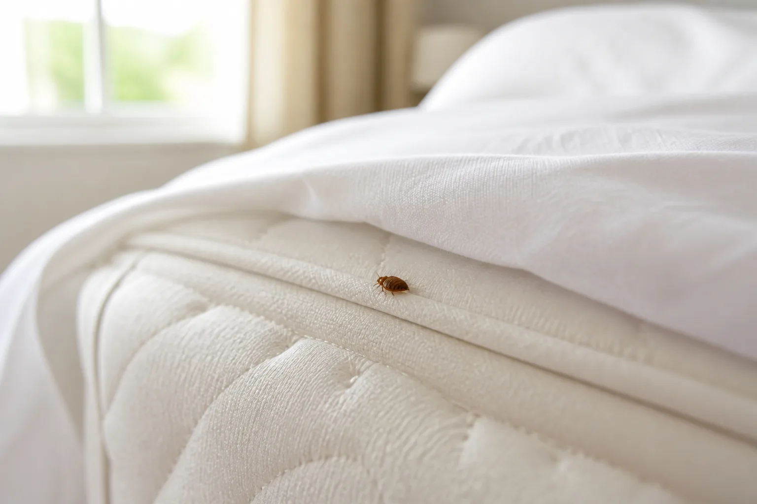 Small reddish-brown insect visible in a mattress seam on white bedding during a bedroom pest inspection