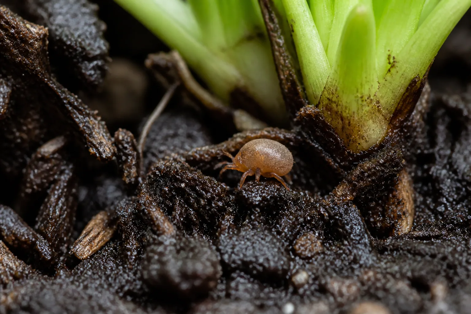 Tiny round brown oribatid mite on houseplant potting soil surface