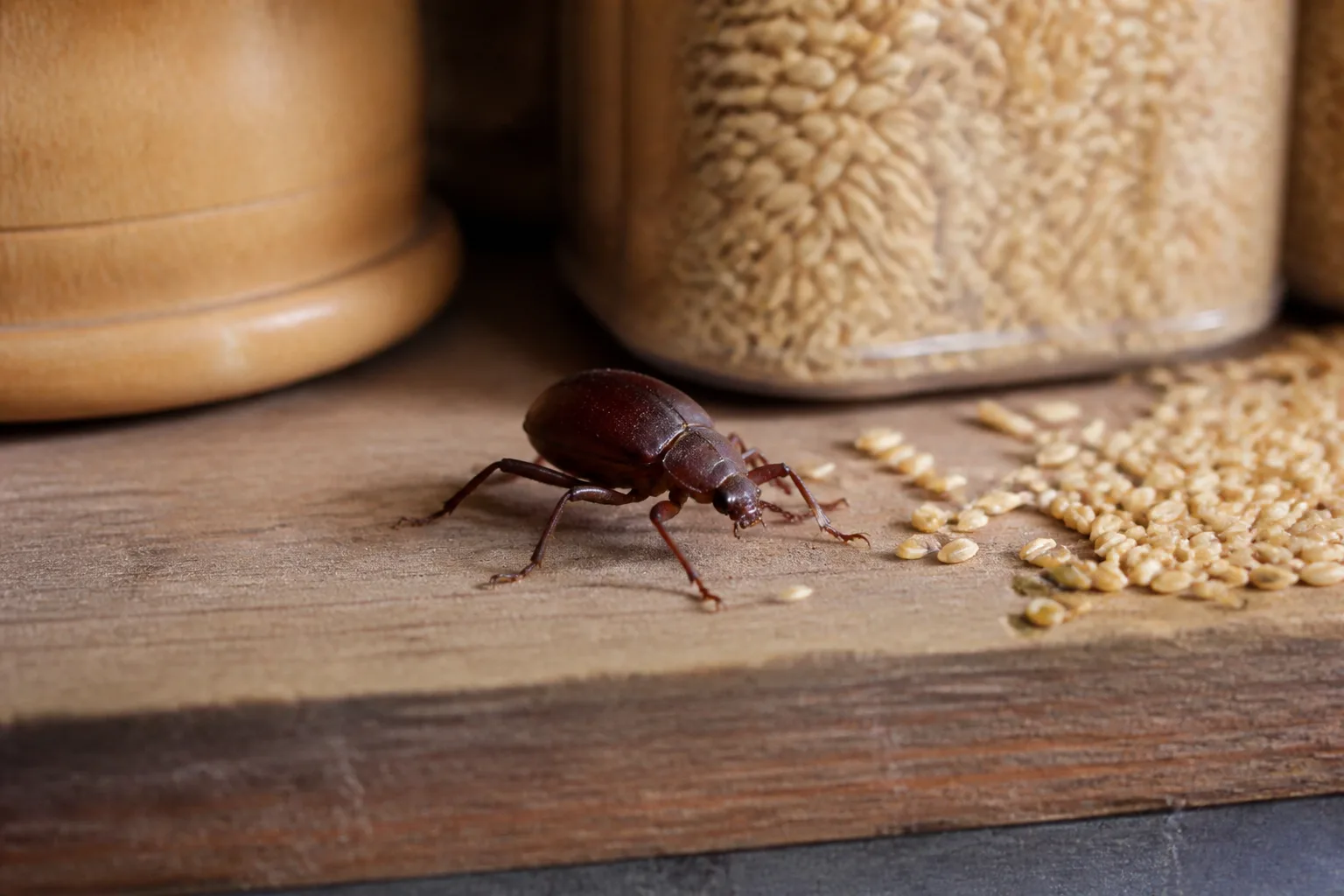Dark reddish spider beetle with round abdomen and long legs on pantry shelf