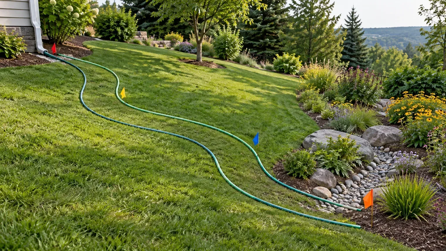 Garden hoses mark a curved dry creek route through a sloping yard toward a planted outlet