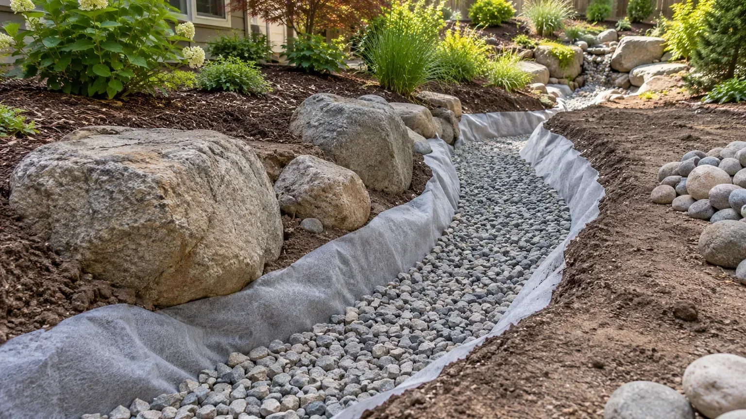 A dry creek trench lined with permeable fabric and coarse gravel, with boulders staged along the bank