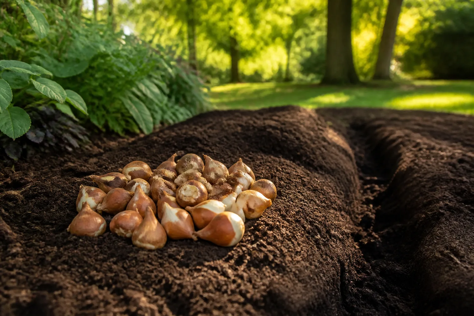 Late-summer outdoor garden bed with daffodil and tulip bulbs ready to plant in cool soil