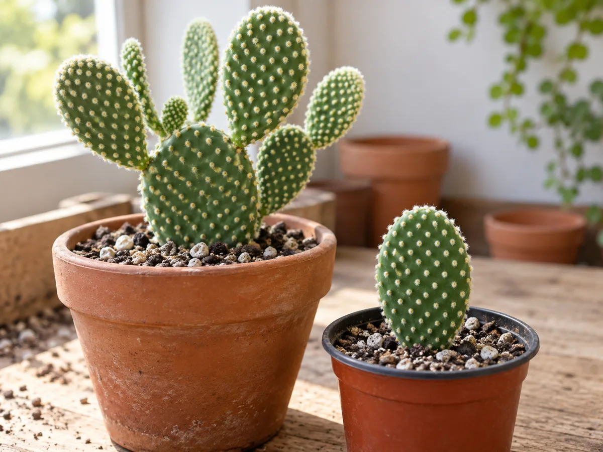 A bunny ear cactus pad planted upright in gritty mix beside its parent plant.