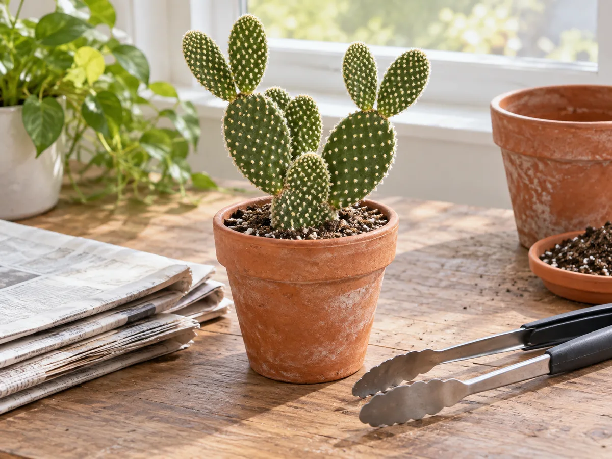 A potted bunny ear cactus beside long tongs and folded paper on a clear potting table.