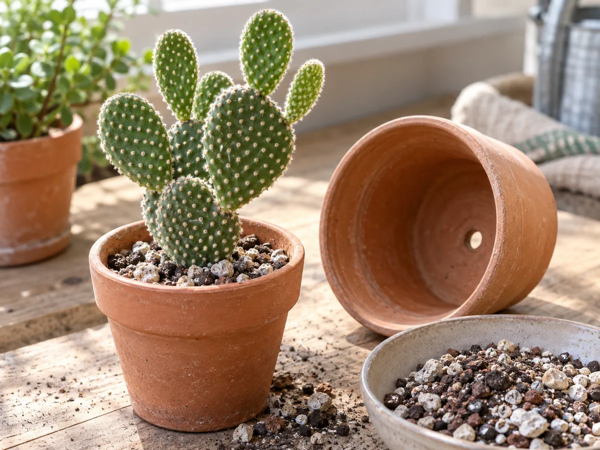 A healthy bunny ear cactus in terracotta beside a pot with a drainage hole and gritty cactus mix.