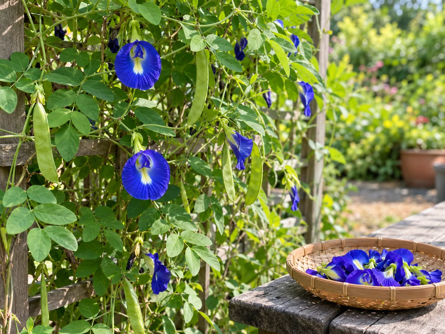 Blue butterfly pea flowers ready to harvest while green pods remain on the vine