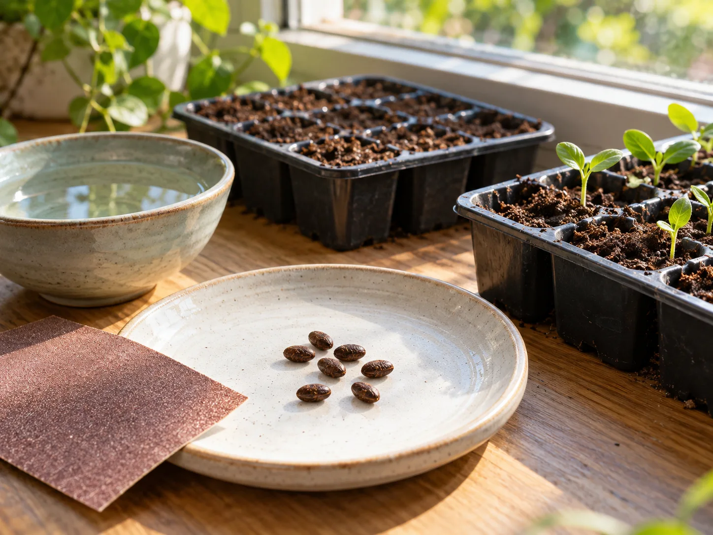 Butterfly pea seeds prepared beside warm seed-starting mix and new seedlings