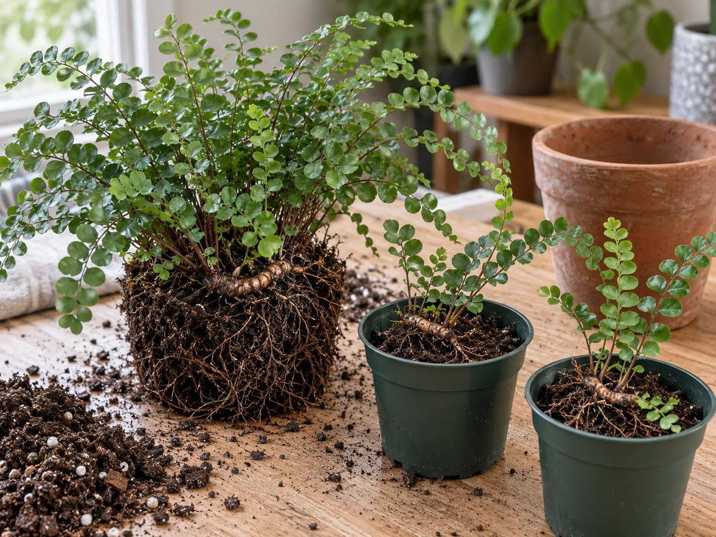 Button fern rootball and two rooted rhizome divisions ready for separate pots