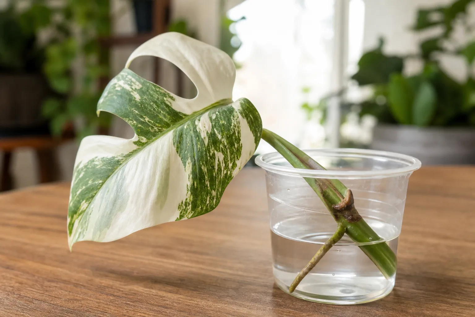 Variegated Monstera cutting showing a visible node required for a viable purchase