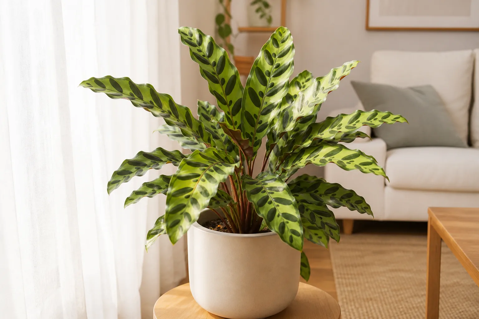 Tropical foliage plant in bright indirect light near a filtered window