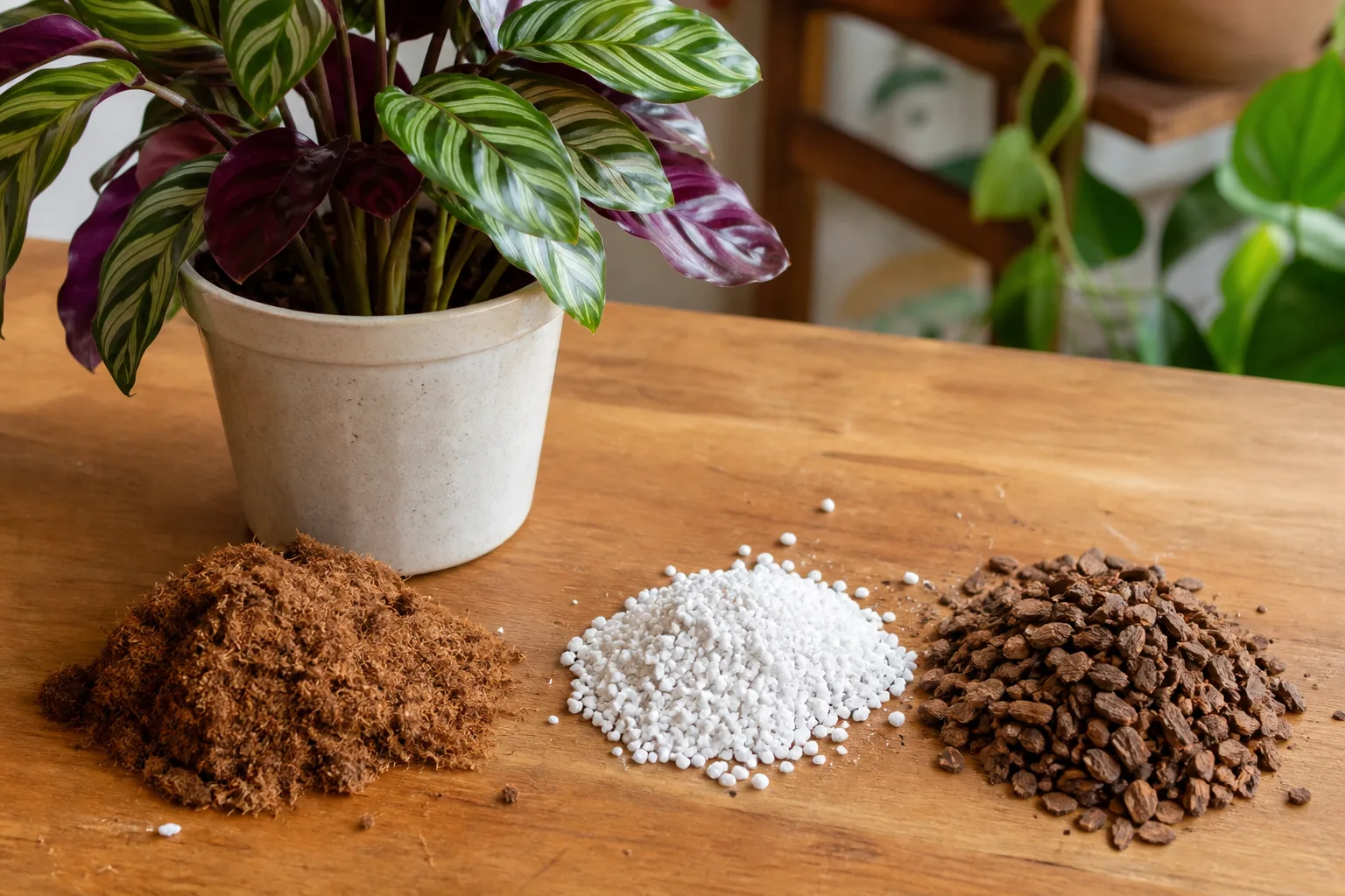 Calathea potting setup with airy mix ingredients, perlite, and bark