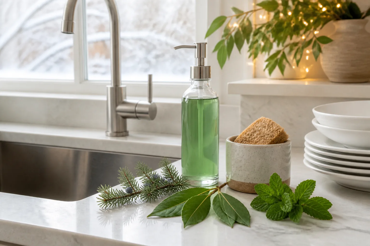 Winter kitchen sink with dish soap bottle beside fresh bay leaves, evergreen juniper sprigs, and mint on the counter