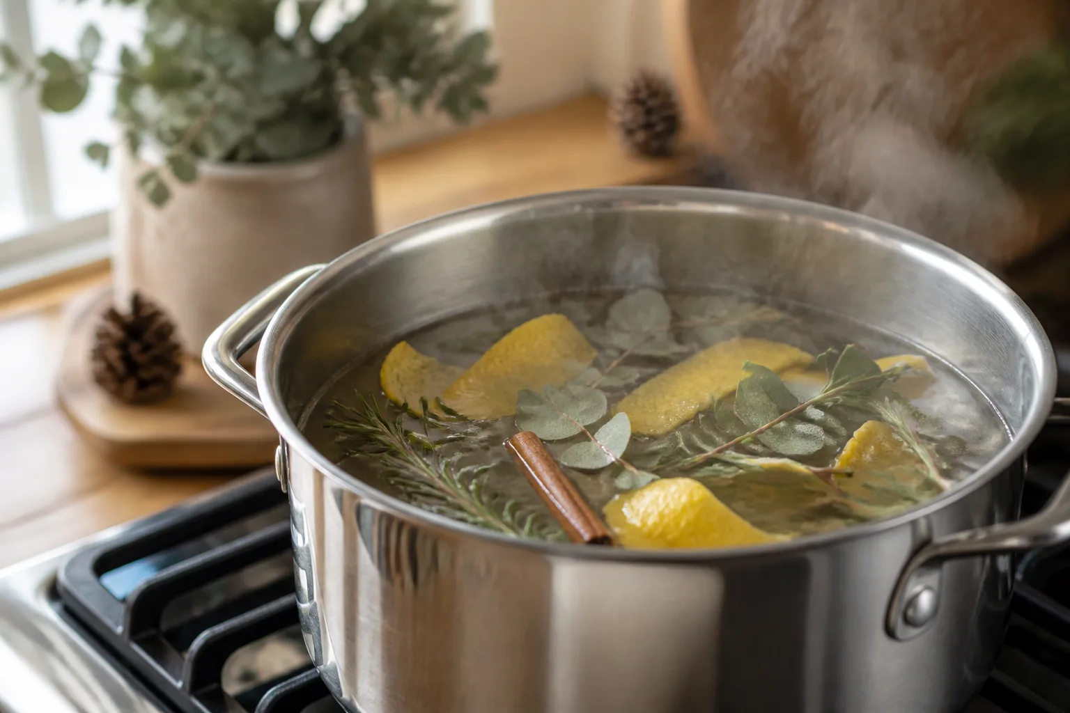 Stovetop simmer pot with lemon rinds, rosemary, cinnamon, and eucalyptus in gently steaming water
