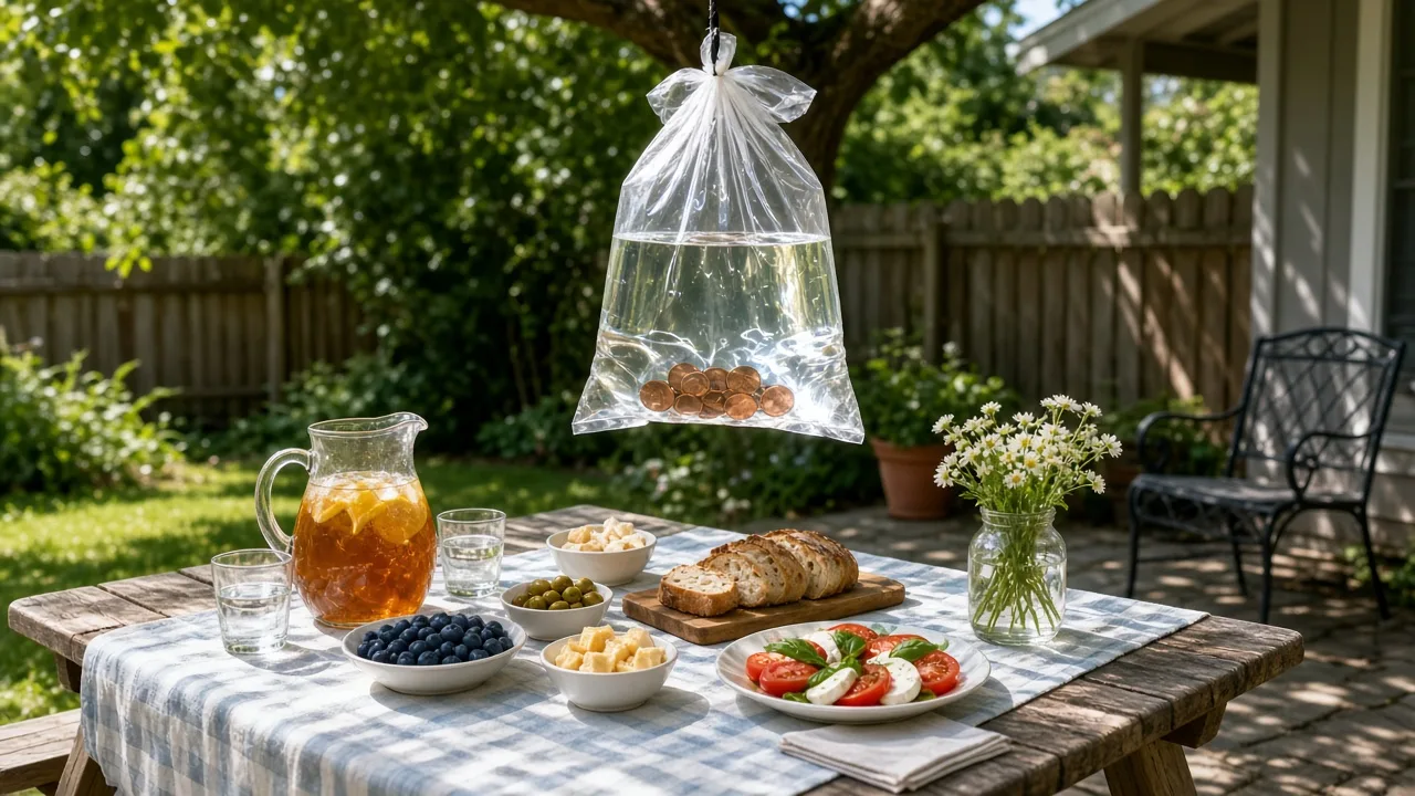 Hanging bag of water and pennies above an outdoor dining table