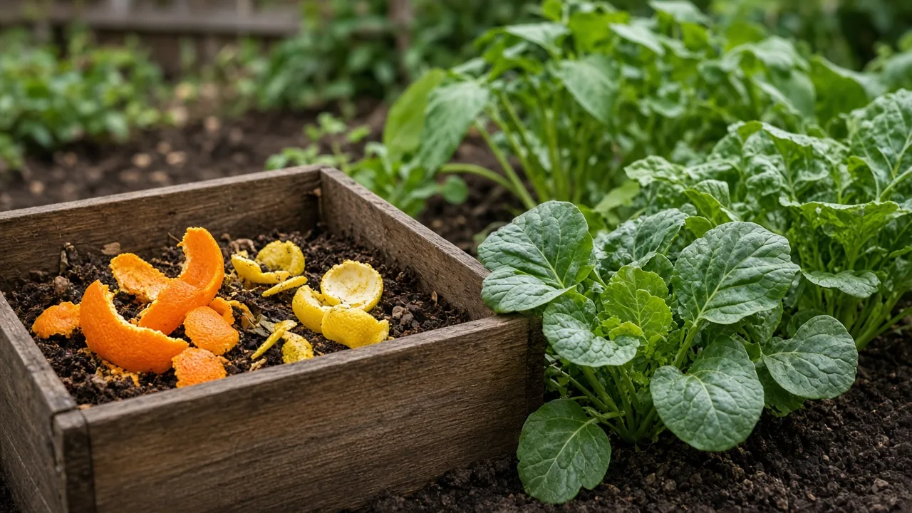Citrus peels beside healthy garden plants while evaluating natural pest control