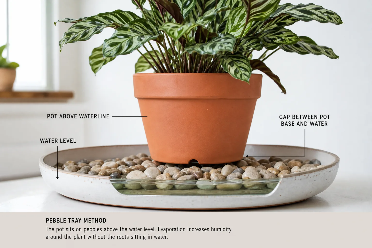 Side view of a houseplant pot resting on pebbles above the tray waterline
