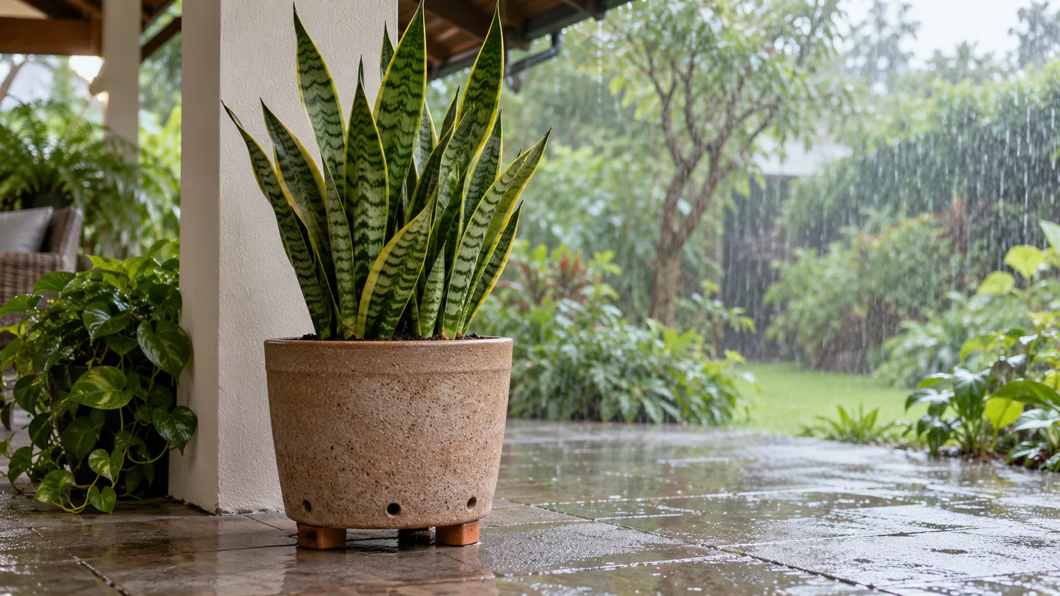 A potted snake plant in a covered patio spot with its drainage pot elevated above standing water