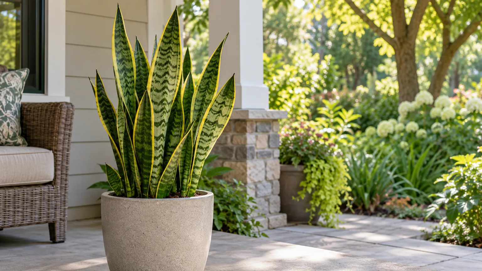 A healthy snake plant in a sheltered outdoor patio setting