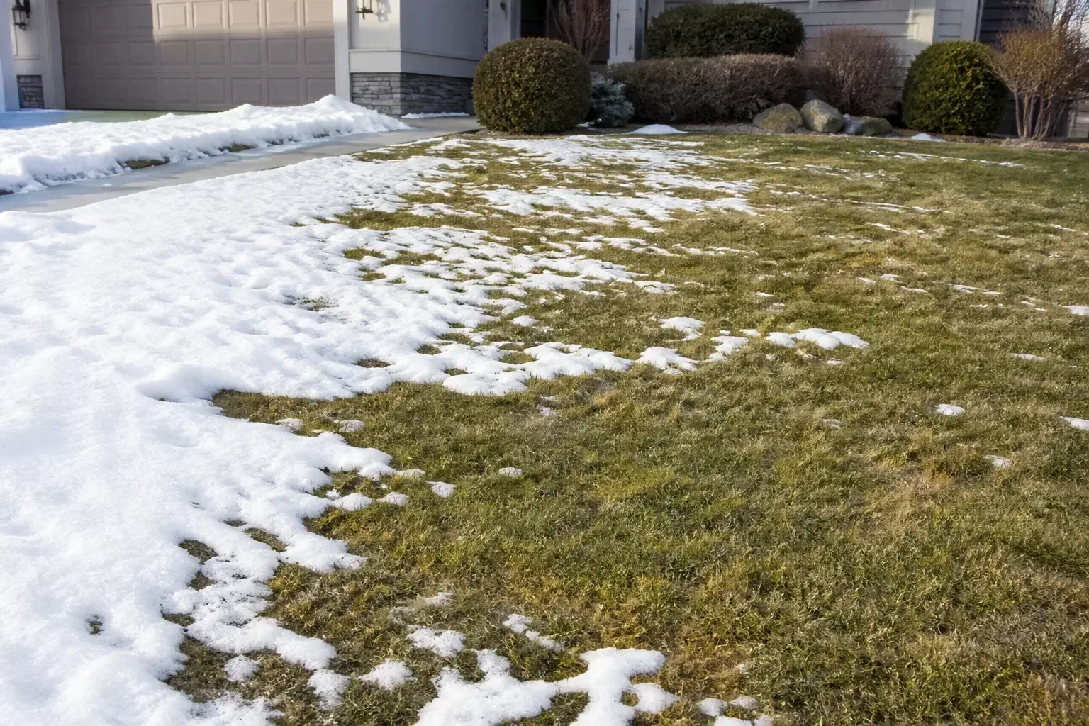 Cool-season lawn at late-winter snowmelt with receding snow patches across dormant turf beside a driveway edge