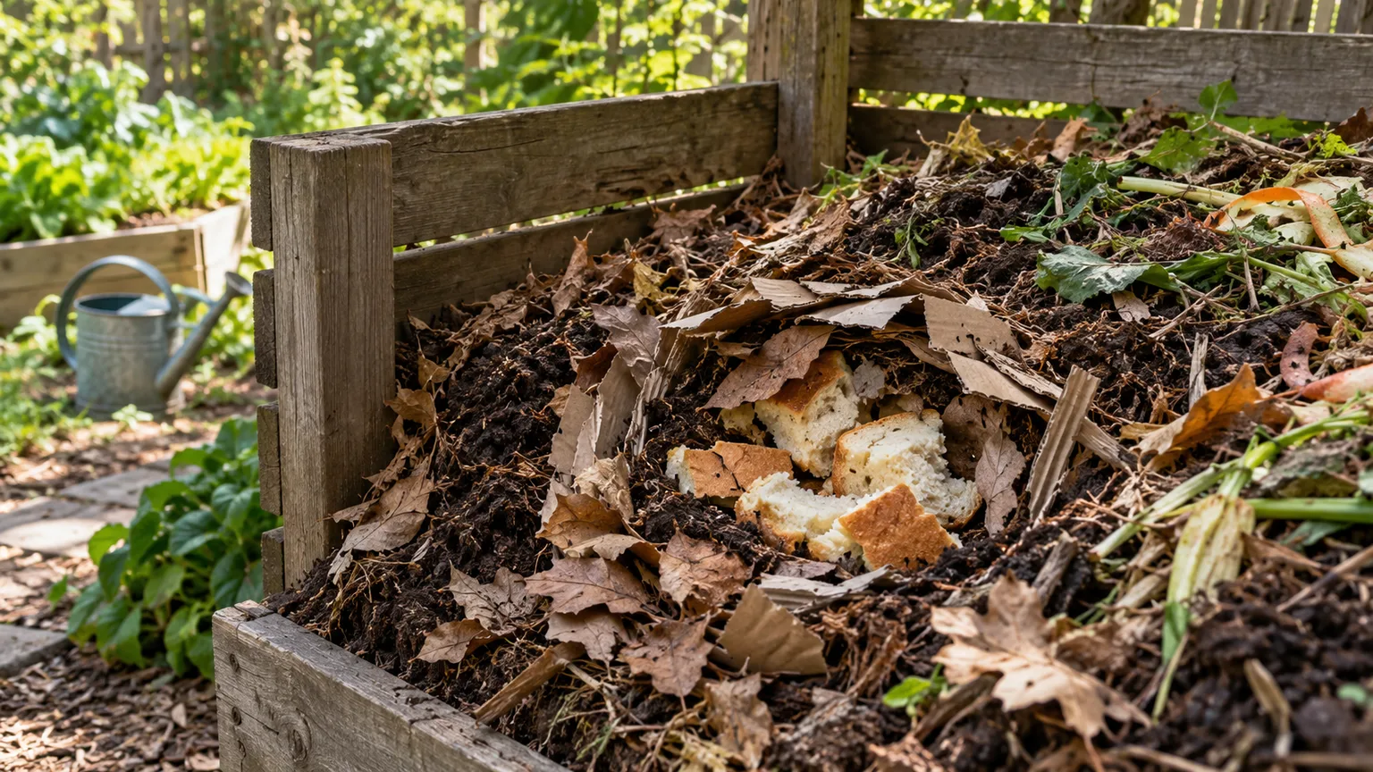 Small pieces of bread mixed into leaves in a backyard compost pile