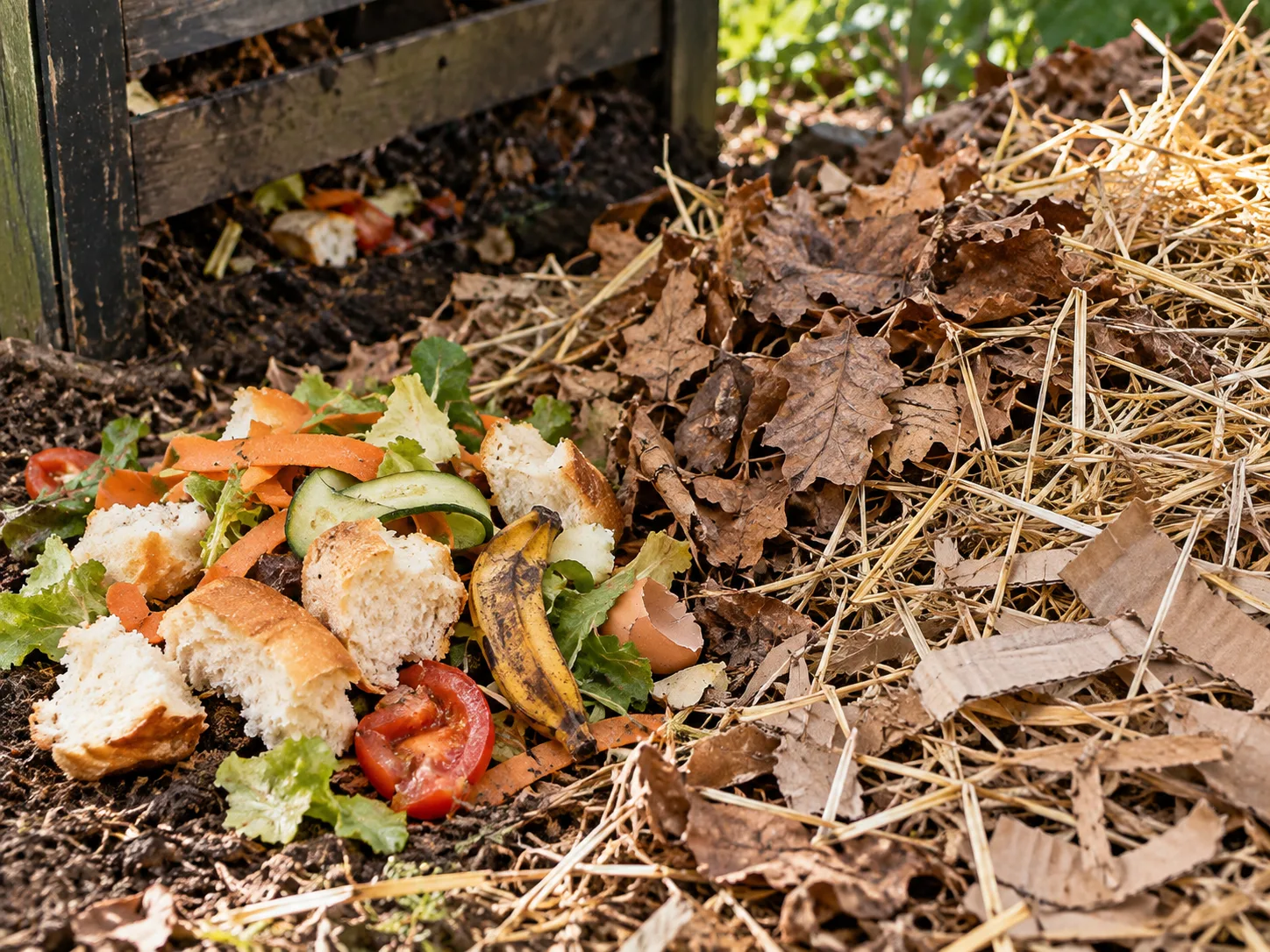 Bread and moist kitchen scraps beside dry leaves, straw, and shredded cardboard
