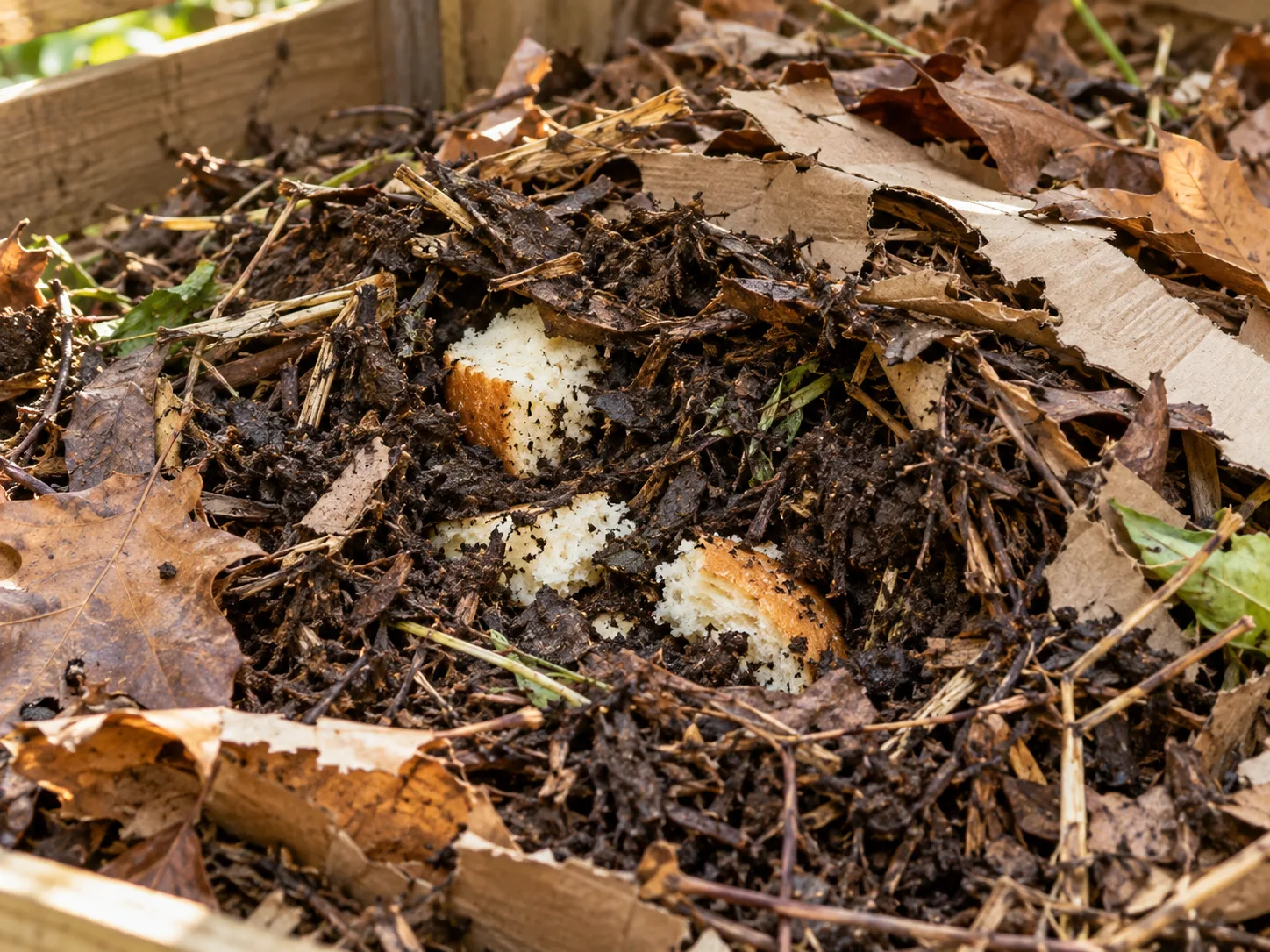 Small pieces of bread tucked into moist compost and surrounded by dry leaves and cardboard
