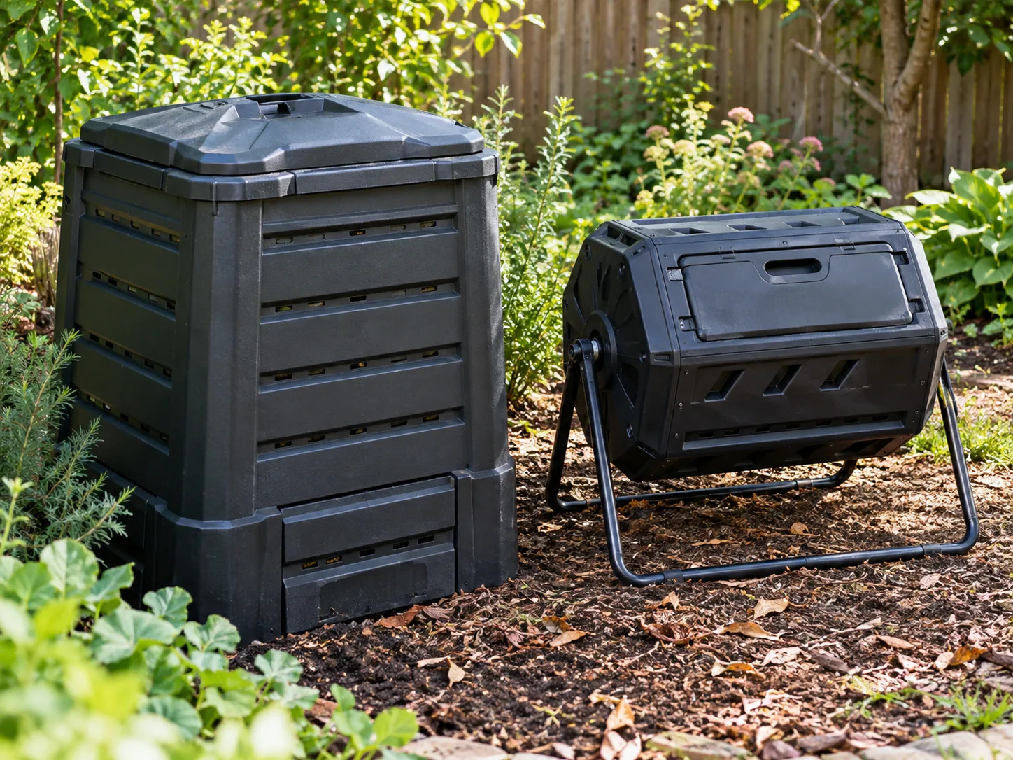 A sturdy closed compost bin beside a closed rotating compost tumbler