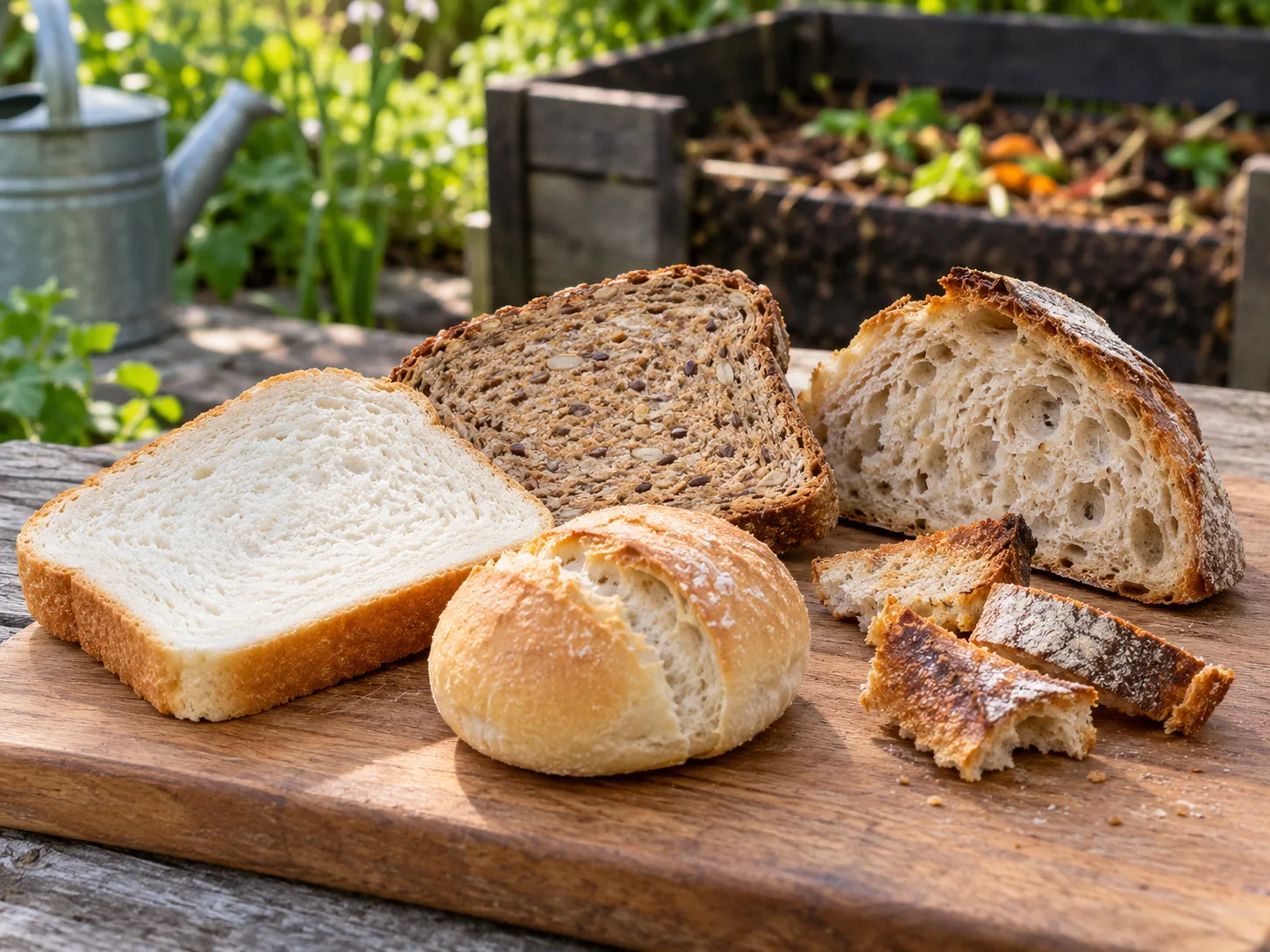 Plain white, whole-grain, seeded, sourdough, and stale bread pieces on a garden work surface