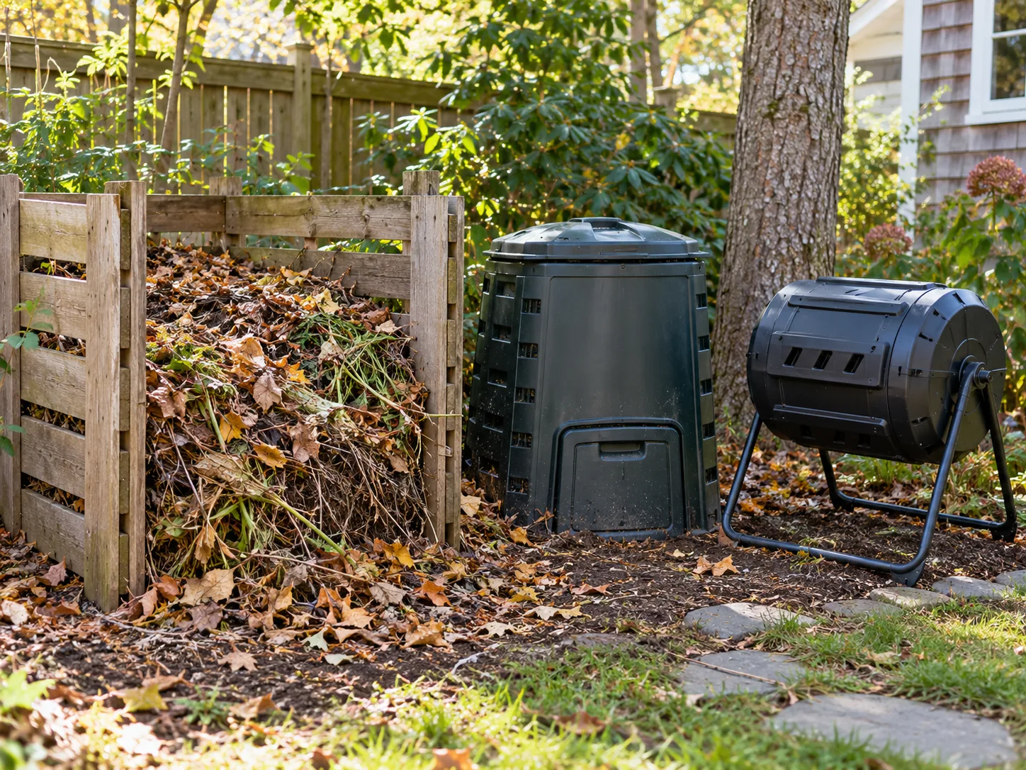 An open compost pile, lidded compost bin, and tumbler in a backyard