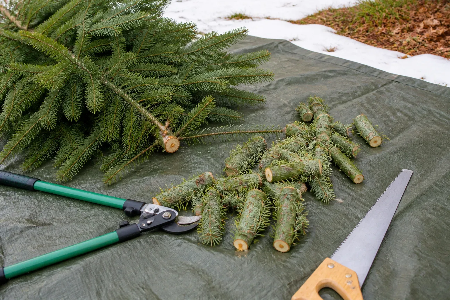 Evergreen fir branches cut into short segments with loppers and a hand saw on a winter backyard tarp
