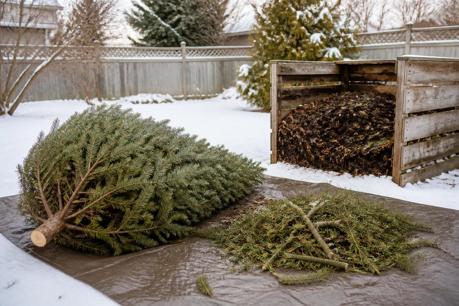 Cut evergreen Christmas tree branches piled beside a wooden compost bin in a snowy January backyard